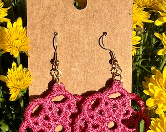 Embroidered earrings, Dangle earrings, Lace earrings, Flower earrings, Pink earrings