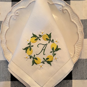 Embroidered linen dinner napkins, Monogram Napkins, Lemon Napkins, Cottagecore Decor, Initial, Set of Napkins, cloth napkins