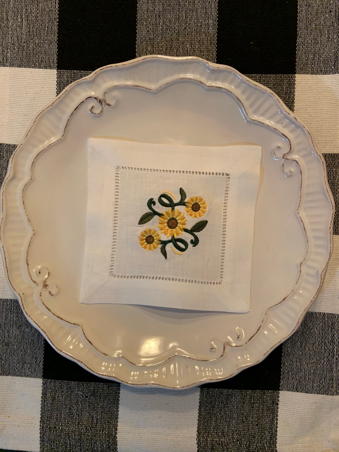 Embroidered Linen Cocktail Napkins Sunflower Cocktail Etsy