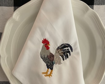 Embroidered Linen Napkins, Rooster Napkins, Set of Napkins, Farmhouse Napkins,Chicken, Cotton Napkins, Cottagecore Napkins, Shabby Chic