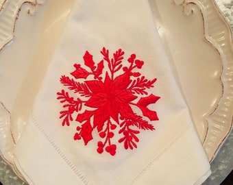 Embroidered poinsettia linen dinner napkins, Holiday napkins, Floral napkins, Christmas napkins, Linen napkins, Set of napkins