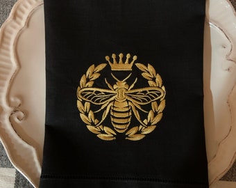 Haftowane lniane serwetki obiadowe, serwetki Queen Bee, serwetki Laurel Wreath, czarne serwetki, serwetki materiałowe, zestaw serwetek, serwetki Bee