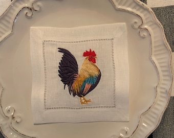 Embroidered linen cocktail napkins, Rooster Cocktail Napkins, coasters, farmhouse napkins, set of napkins, farm