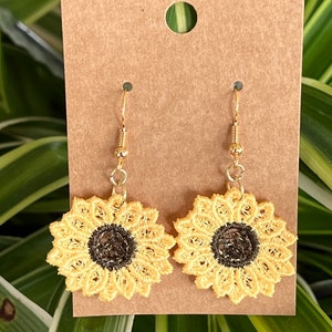 Embroidered earrings, Dangle earrings, Sunflower earrings, Yellow earrings, Floral earrings