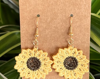 Embroidered earrings, Dangle earrings, Sunflower earrings, Yellow earrings, Floral earrings
