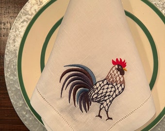 Embroidered linen dinner napkins, chic rooster embroidery, farmhouse napkins, housewarming gift, Cottagecore napkins