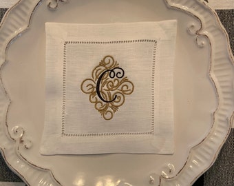 Bestickte Monogramm Leinen Cocktail Serviette, Untersetzer
