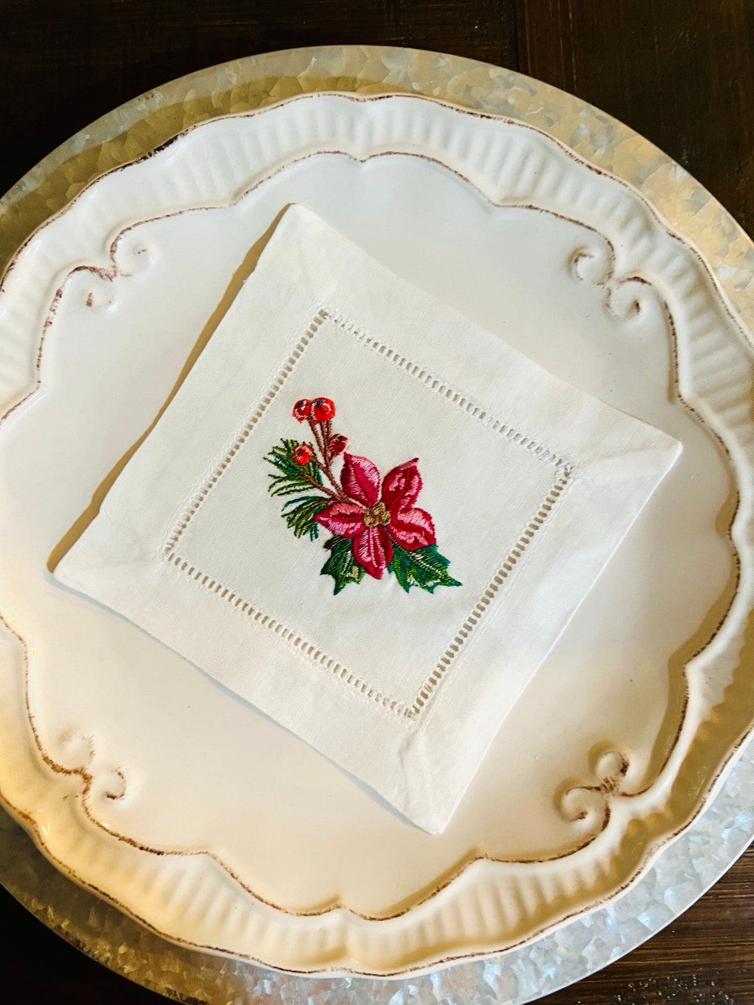 Embroidered Linen Cocktail Napkins, Poinsettia Cocktail Napkins