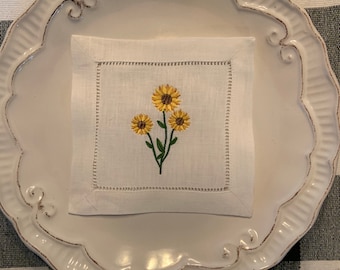 Embroidered Linen Cocktail Napkins, Coasters, Sunflower Napkins, Yellow Napkins, Floral Napkins, Flower Napkins, Set of Napkins