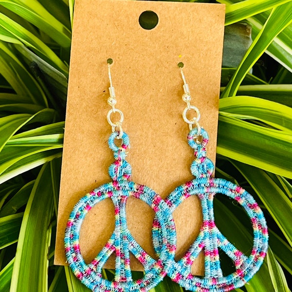 Embroidered earrings, Peace sign earrings, Dangle earrings, Retro earrings, Hippie earrings, Boho earrings