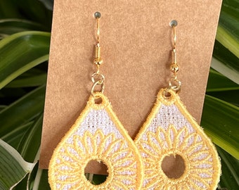 Embroidered earrings, Dangle earrings, Sunflower earrings, Teardrop earrings, Yellow Sunflowers, Floral earrings
