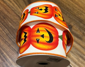 10 yds. Cream wire edged ribbon, Pumpkin print, 2 1/2” wide wire ribbon, Jack o’ lantern print, Ribbon for wreaths, Halloween ribbon