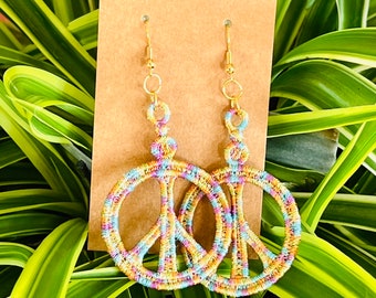 Embroidered earrings, Peace sign earrings, Dangle earrings, Retro earrings, Hippie earrings, Boho earrings