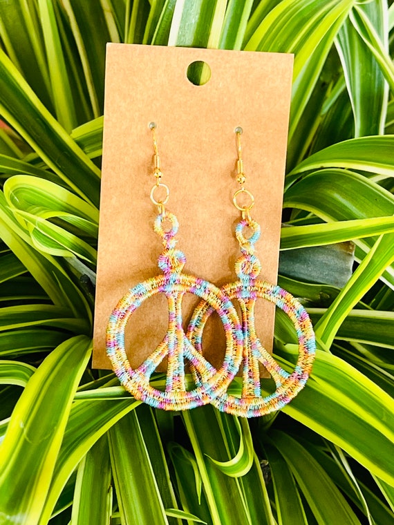 Embroidered earrings Peace sign earrings Dangle earrings Retro earrings Hippie earrings Boho earrings