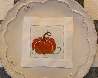 Embroidered Linen Cocktail Napkins, Pumpkin Cocktail Napkins, Autumn Napkins, Fall Napkins, Coasters, Set of Cocktail Napkins, Thanksgiving