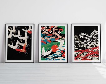 Vintage Japanese Exhibition Posters, Japanese Art Prints, Traditional, Wall Art Decor, Retro, Crane, Bird, Plant, Traditional Japanese Art