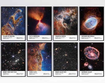 May include: A set of eight posters featuring images of various celestial objects captured by the James Webb Space Telescope. The posters include images of the Pillars of Creation, L1527 & Protostar, Tarantula Nebula, Southern Ring Nebula, Webb's First Deep Field, Cosmic Cliffs, Dwarf Galaxy WLM, and Cartwheel Galaxy.