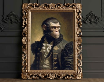 Chimpanzee Vintage Renaissance Animal Portrait Oil Painting, Quirky Animal Art, Funny Animal Wall Print, Safari, Gorilla, Gothic, Baroque