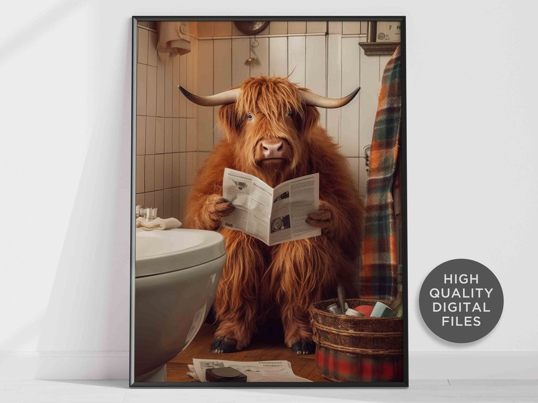 Funny Scottish Highland Cow on the Toilet Bathroom Wall Art, Funny ...