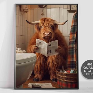 Funny Scottish Highland Cow On The Toilet Bathroom Wall Art, Funny Animal Poster Print, Humour Gift, Quirky, Toilet Humour, Digital Download