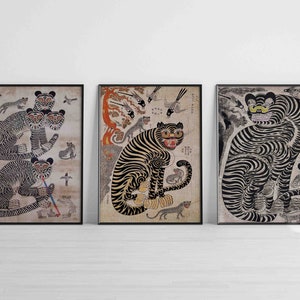 Vintage Tigers Korean Folk Art Print Posters, Minhwa, Museum Exhibition Poster, Tiger with Two Cubs and Two Magpies, Tiger With Three Cubs