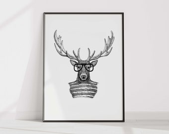 Deer Print v6, Forest Animal Wall Art, Stag Print, Deer Poster, Nursery Decor, Nature Photo, Portrait, Black & White, Deer Head, Antlers
