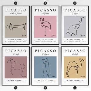 Pablo Picasso Animal Line Art Prints, Vintage Art Posters, Home/Wall Decor, Exhibition Poster, Cat, Dog, Horse, Penguin, Bull, Butterfly image 1