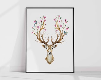 Deer Print v5, Forest Animal Wall Art, Stag Print, Deer Poster, Nursery Decor, Nature Photo, Portrait, Black & White, Deer Head, Antlers