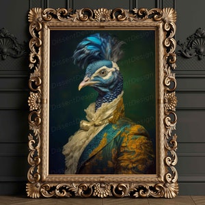 Peacock Vintage Renaissance Animal Portrait Oil Painting, Quirky Animal Art, Funny Animal Wall Art, Victorian, Georgian, Gothic, Baroque