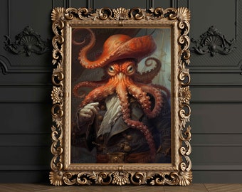 Pirate Octopus Vintage Renaissance Style Animal Portrait Print, Bathroom Wall Art, Funny Animal Art, Gothique, Baroque, Victorian, Nautical