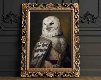 Snowy Owl Vintage Renaissance Animal Portrait Oil Painting, Quirky Animal Art, Funny Animal Wall Print, Bird Of Prey, Eagle, Gothic, Baroque