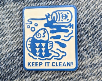 KEEP IT CLEAN Soft Enamel Pin - 1.45 Inch Lapel Watershed Road Sign Conservation Environment Fish Blue White