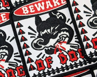 Beware Of Dog Iron-On Patch - 3.5 Inch Caution Sign Embroidery For Fabric Apparel