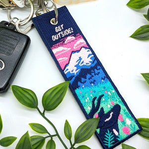 Get Outside! Embroidered Keychain - 5.5 Inch Luggage Tag Travel Nature Mountains National Park Flowers Deer Hiking