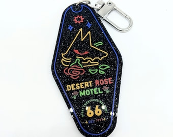 Desert Rose Motel Keychain - 3.5 Inch Vintage Black Sparkling Cryptid Travel Neon Sign