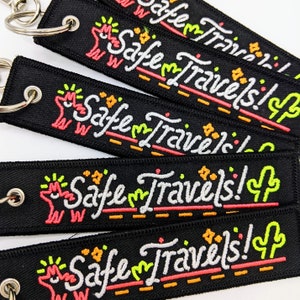 Safe Travels Embroidered Keychain - 5 Inch Neon Double Sided Luggage Tag Road Cactus Coyote Cryptid