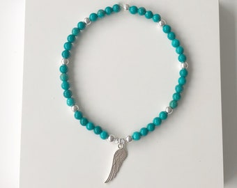 Semi-precious Turquoise and Sterling Silver Bracelet with Angel Wing Charm