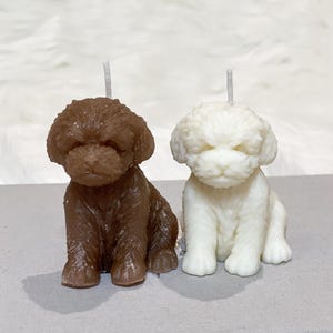 May include: Two dog-shaped candles. One is brown, the other is white. Both candles have a textured surface and a wick extending from the top of their heads. The candles are sitting on a gray surface.