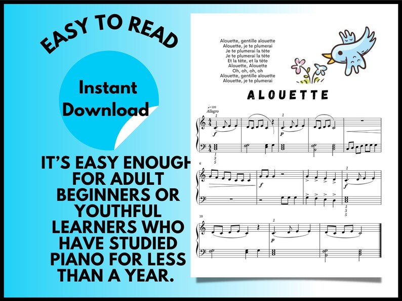 Alouette Piano Sheet Music Instant DIGITAL MUSIC DOWNLOAD Etsy