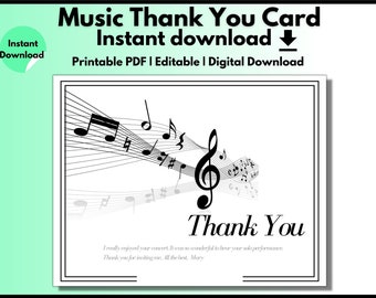 Small Music Thank You Card| Thank You Music Teacher| | Customizable Card| Printable Thank You Card | Editable Template| Digital Download|