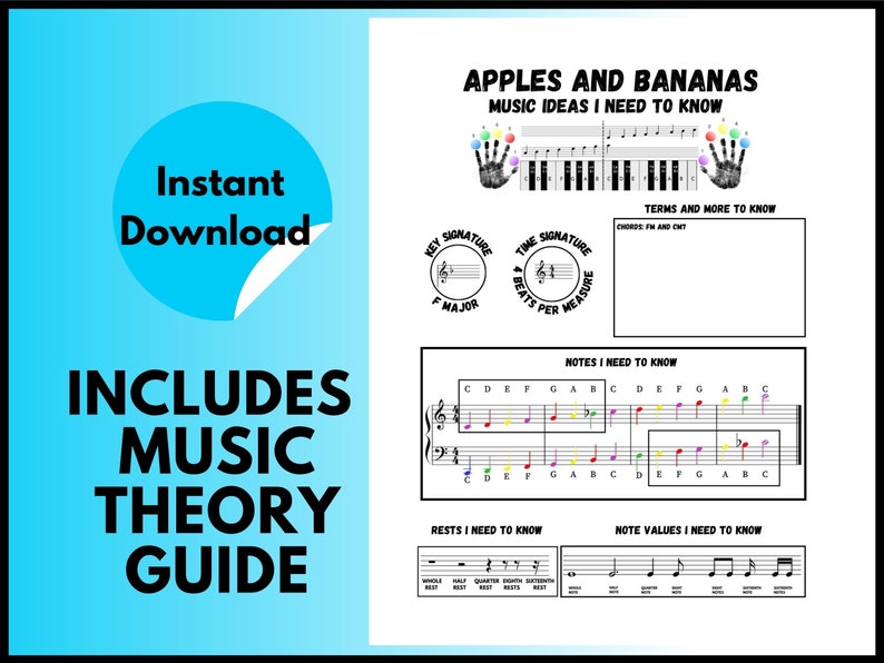 Piano Music Sheets Apples and Bananas Instant DIGITAL MUSIC DOWNLOAD