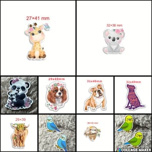 May include: Assortment of iron-on patches featuring various animal designs, including a giraffe, koala, panda, dog, sloth, and birds. The patches are all in a cartoon style and have a white background.