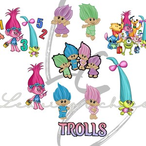May include: A colourful illustration of various trolls, including a group of five trolls with different coloured hair, a troll with a blue ponytail, and a troll with a green ponytail. The trolls are all smiling and have different expressions. The illustration also includes the word "TROLLS" in a colourful font.