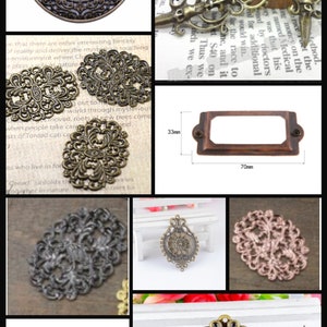 May include: Assortment of antique bronze metal charms and embellishments, including a round filigree charm, a rectangular frame, a key-shaped charm, and a decorative oval frame. The charms are perfect for adding a vintage touch to jewellery, crafts, and home decor.