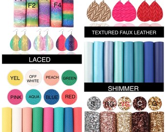 Puede incluir: Surtido de láminas de piel sintética en varios colores y texturas, incluyendo brillo, encaje y piel sintética texturizada. Las láminas están etiquetadas con los nombres de los colores y las texturas. La imagen también muestra pendientes hechos de piel sintética.