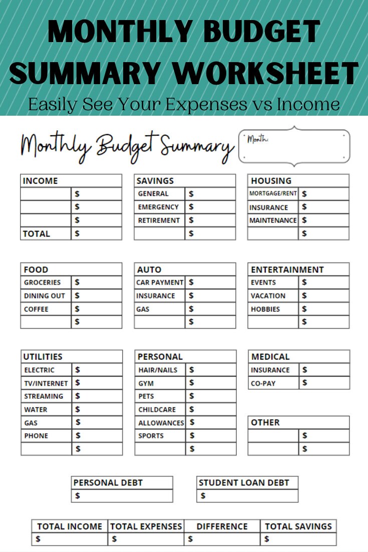 Monthly Budget Printable Worksheet Monthly Income vs Expense | Etsy