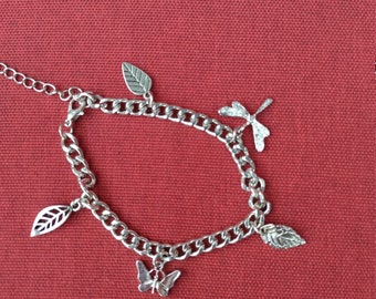 Leaf, dragon fly and butterfly charm bracelet