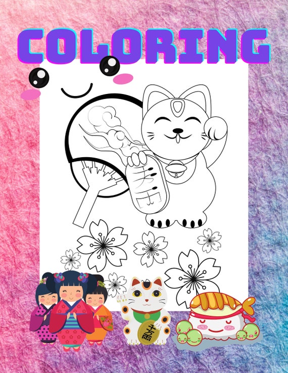 Japanese coloring pages for kids. Kawaii sushi geisha | Etsy