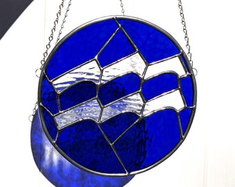 Aquarius Zodiac Stained Glass Suncatcher: Cobalt Blue Handmade Window Decor - PRICE REDUCED!