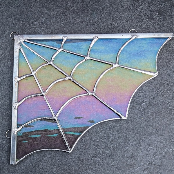 Stained glass spider web corner piece - rainbow iridized waterglass - sturdy solid zinc framed edges - handmade to order